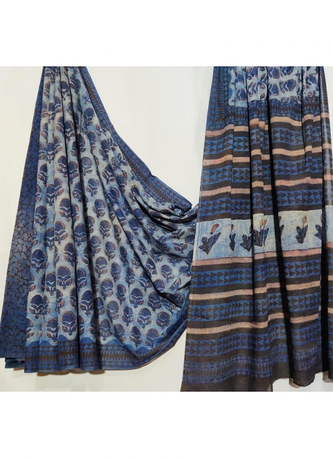 Cotton Blue Casual Wear Printed Saree